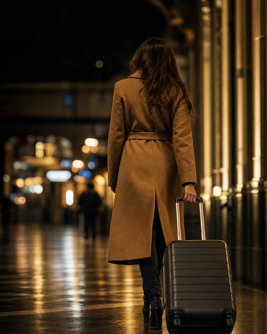 Voyageuse tirant une valise cabine dans un hall de gare, le soir
