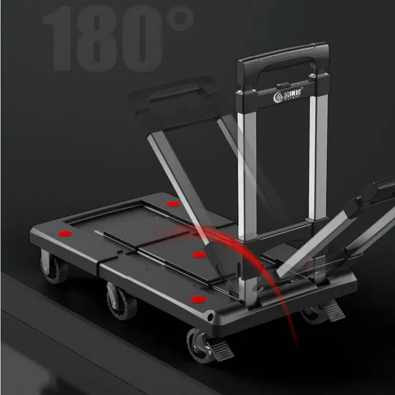 chariot à main pliable et observateur à plate forme extensible, chariot portable à 6 roues pour le shopping et le transport de bagages