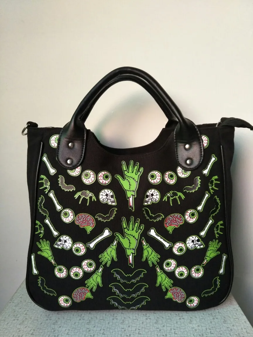 sac à main horreur emo, pour femmes, crâne, os, chauve souris, crâne, yeux, ruban, sac à bandoulière gothique