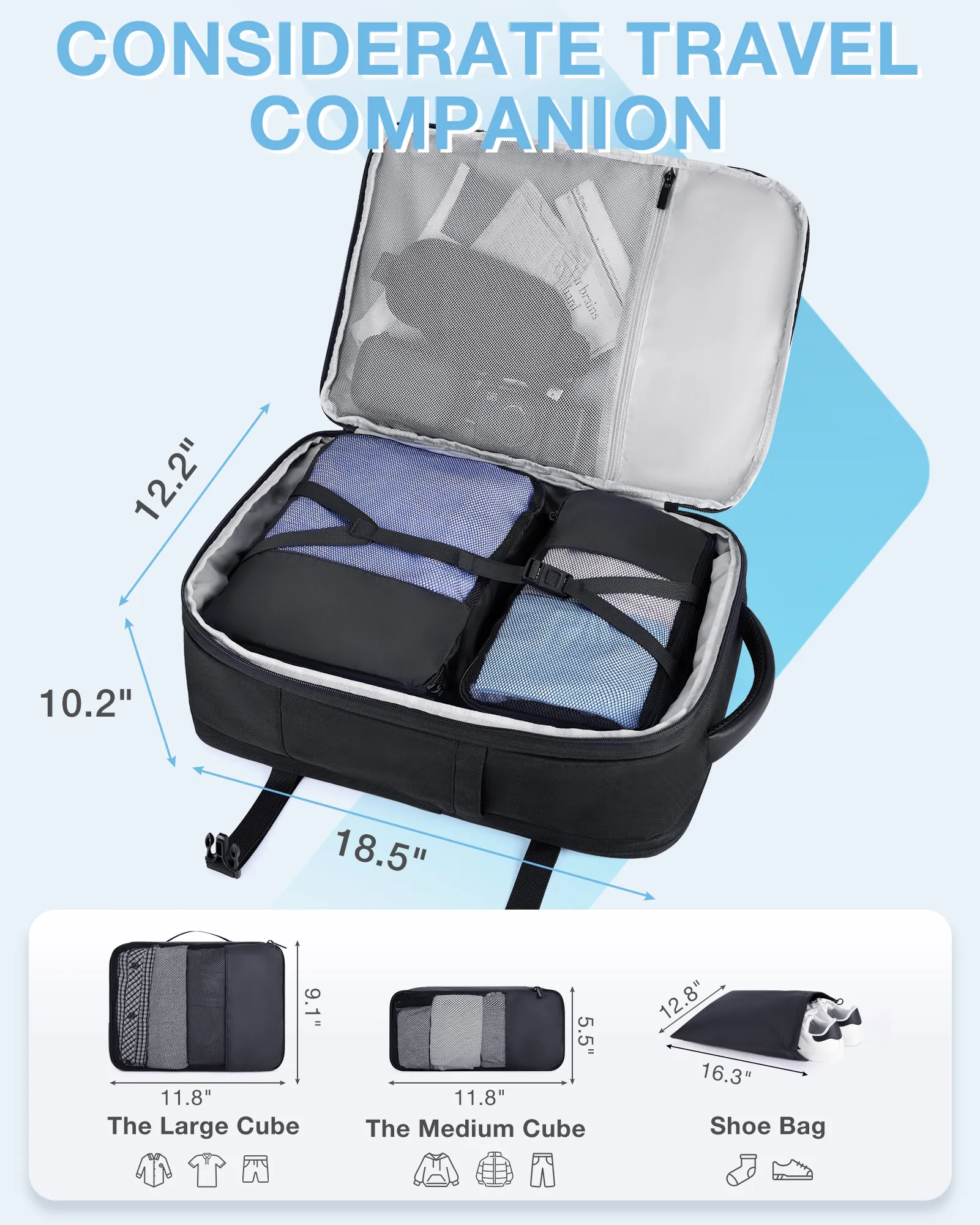 4 pièces 40l cabine de voyage sac à dos bagsmart 17.3 ''sac à dos pour ordinateur portable compagnie aérienne bagage à main sac à dos valise avec cubes d'emballage