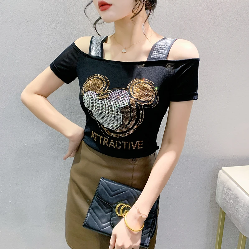 m 3xl taille été mode dessin animé design sexy épaules nues diamants brillants t shirt femmes chic dames t shirts hauts blouse