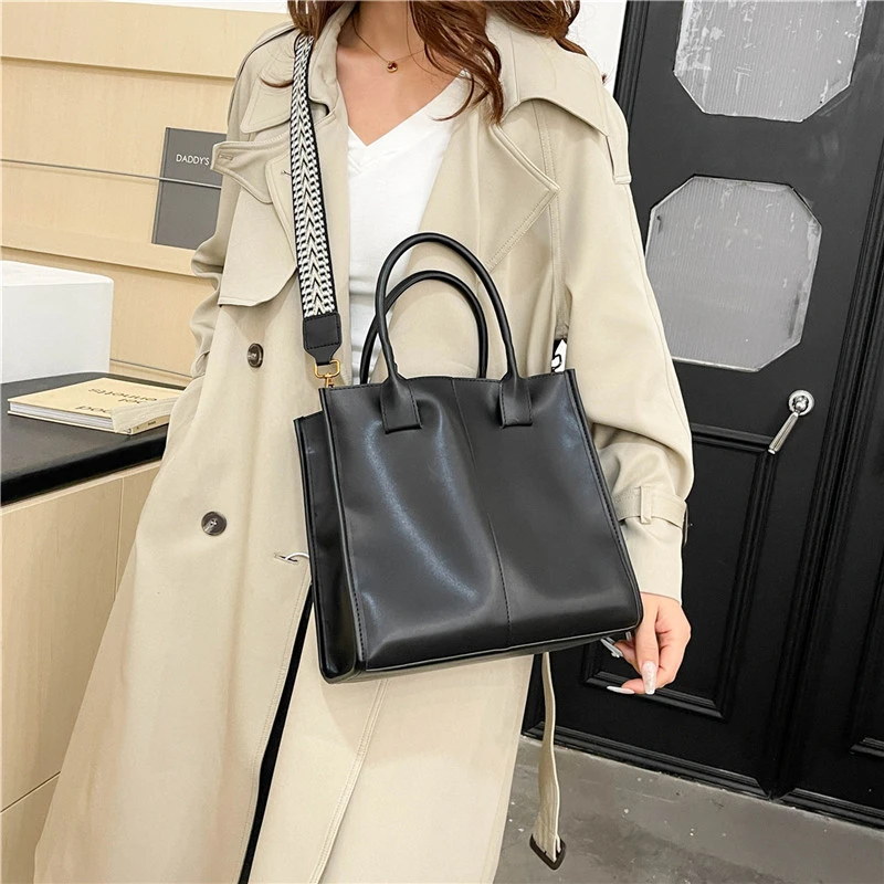 sac fourre tout en cuir pu pour femme, sac à main à large sangle, marron café, haute qualité, marque de mode féminine, sac de trajet