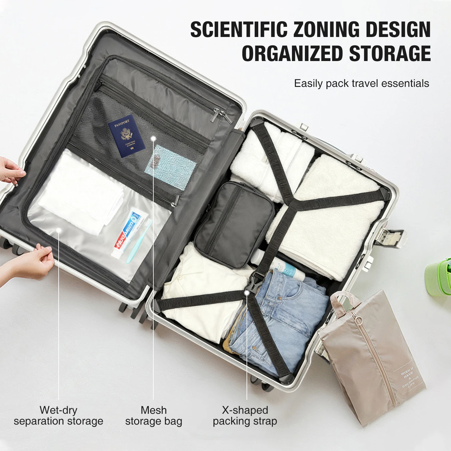 aiweiny 2025 valise pc à coque rigide en aluminium, résistante à la pression, avec roulettes omnidirectionnelles silencieuses à 360°, porte gobelet et étagère de rangement, équipée d'une serrure tsa.