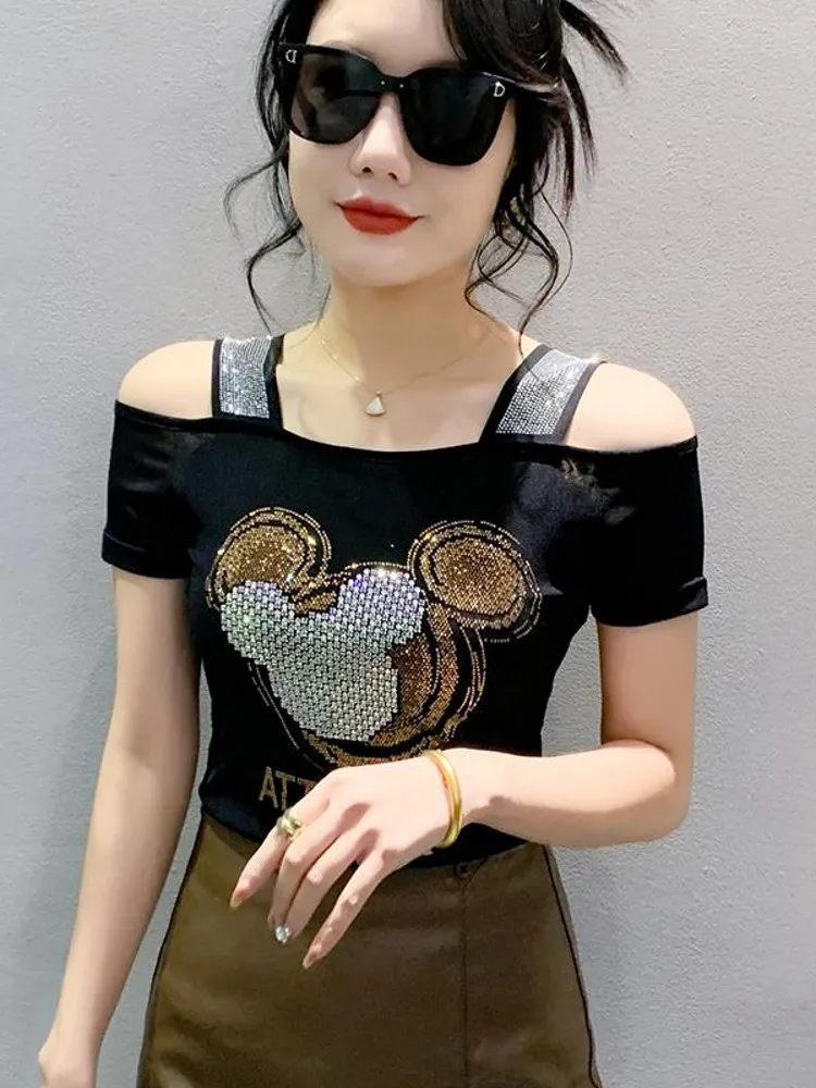 m 3xl taille été mode dessin animé design sexy épaules nues diamants brillants t shirt femmes chic dames t shirts hauts blouse