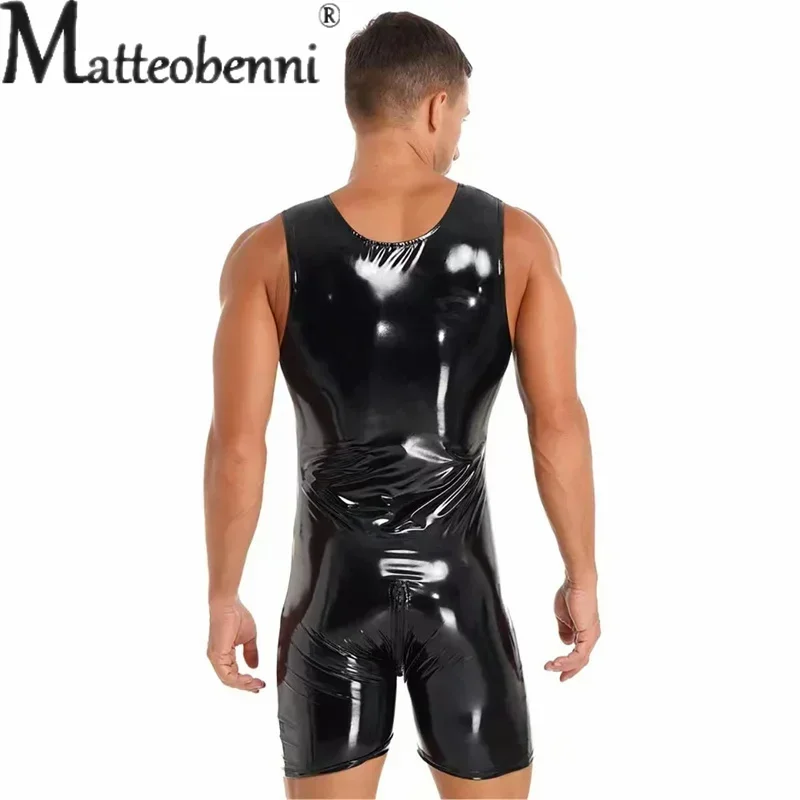 s 7xl hommes brillant en cuir pu fermeture éclair bidirectionnelle entrejambe ouvert body sans manches look mouillé pvc mince barboteuses sexy serré cosplay palysuits