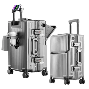 Valises bagages ouverture avant cabine bagages avec USB porte-gobelet femme boîtier de chariot mâle roue de frein sac de voyage bagages