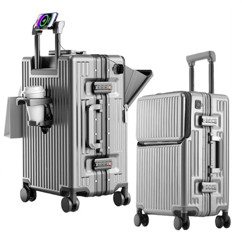 Valises bagages ouverture avant cabine bagages avec USB porte-gobelet femme boîtier de chariot mâle roue de frein sac de voyage bagages Valises bagages ouverture avant cabine bagages avec USB porte-gobelet femme boîtier de chariot mâle roue de frein sac de voyage bagages