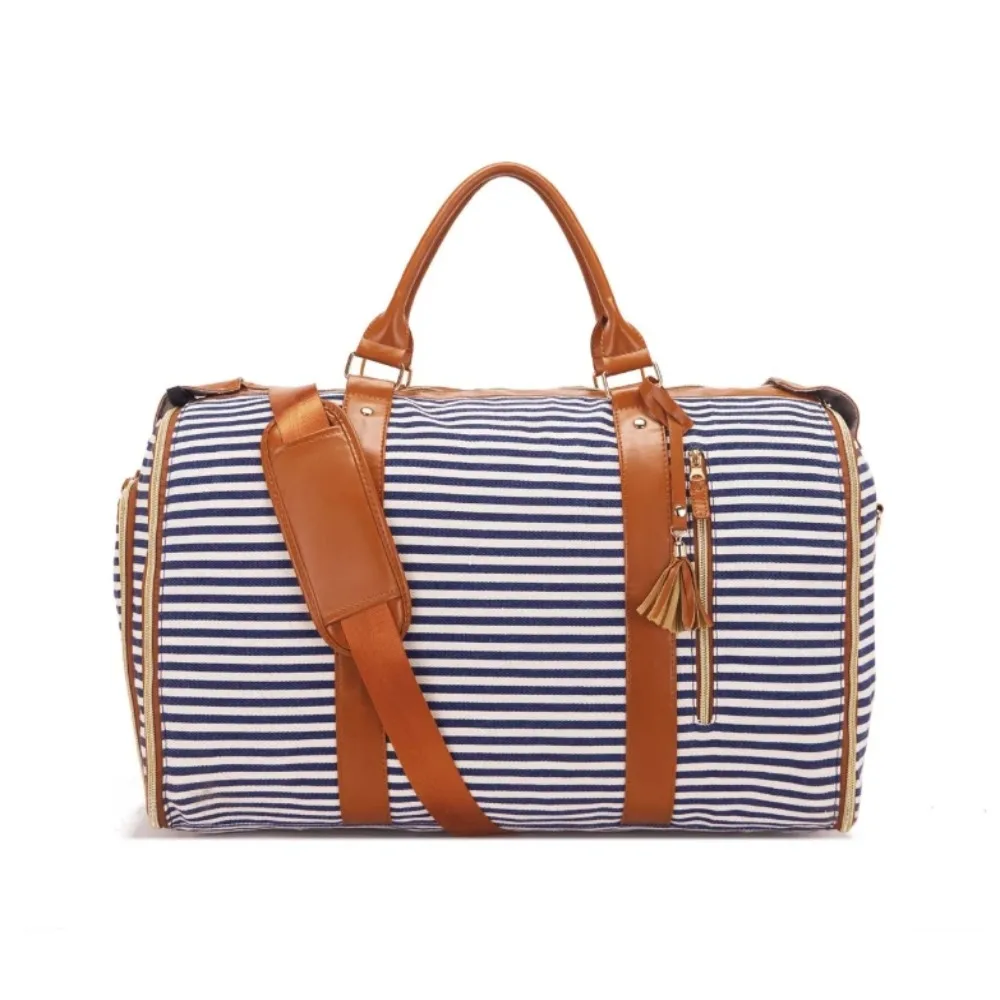 Sac de voyage rayé à bandoulière de grande capacité, sac de sport pliable Convertible en matériau PU, sac de costume pliable extensible de voyage Sac de voyage rayé à bandoulière de grande capacité, sac de sport pliable Convertible en matériau PU, sac de costume pliable extensible de voyage