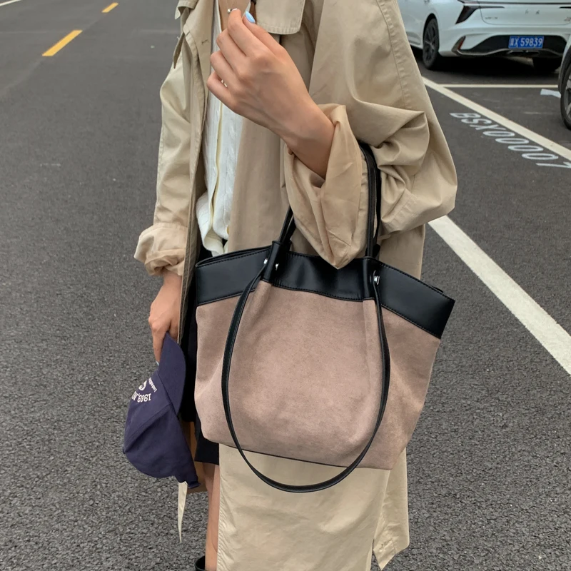 sac à main élégant en daim givré, fourre tout de grande capacité, mode européenne américaine automne/hiver, sac à bandoulière simple décontracté