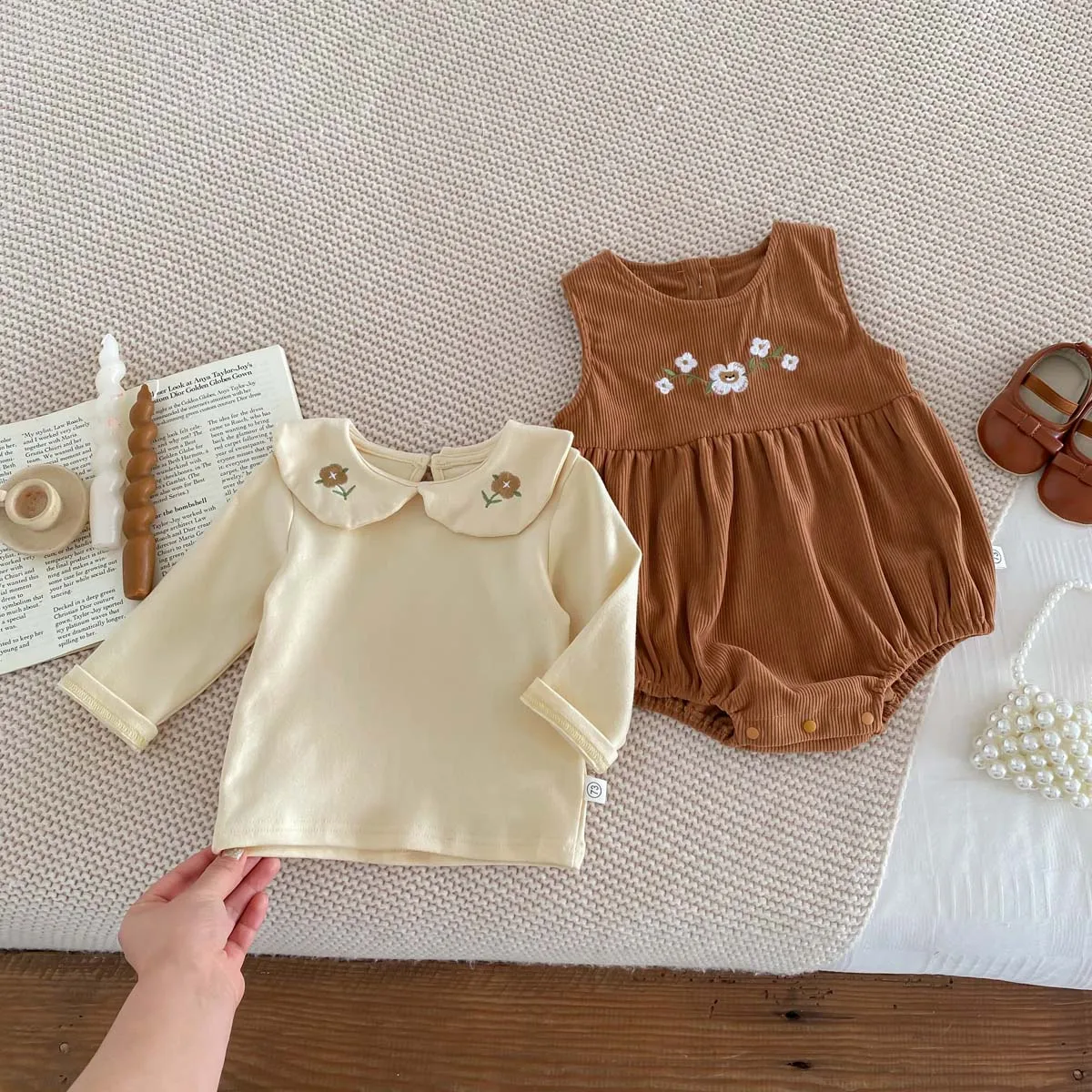 costume pour bébé, barboteuse sans manches + chemise à manches longues, body en velours côtelé brodé en cœur pour bébé fille de 1 à 3 ans
