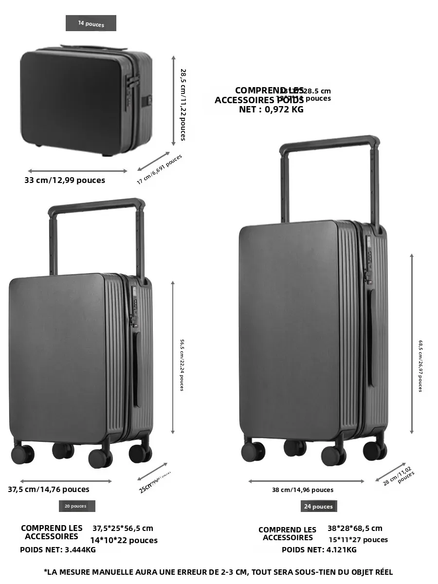 ensemble de bagages 20+14"24+14" avec usb et porte gobelet tsa lock 360 ° roues crochet de pied sur pied valise pc + abs étui de voyage pliable