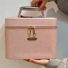 sac à cosmétiques portable en pu de grande capacité, boîte de maquillage à main, organisateur de rangement, style urbain simple, multifonctionnel unisexe