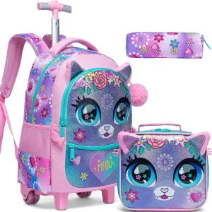 Sacs d&rsquo;école pour enfants, sac à dos roulant pour filles, valise à bagages avec chariot à roulettes, sacs à dos à roulettes pour voyage scolaire