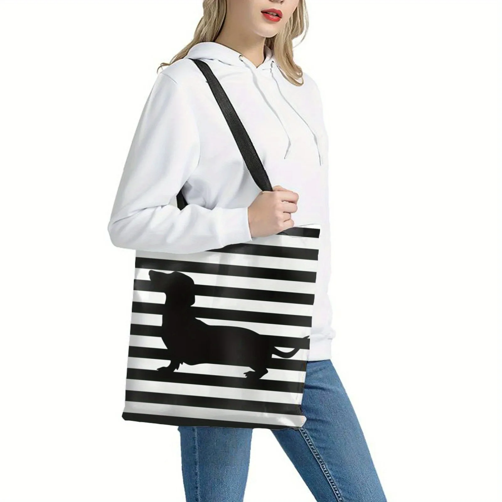 sac fourre tout chic imprimé teckel, sac à main à bandoulière décontracté de grande capacité pour femmes, sac d'épicerie robuste en polyester réutilisable