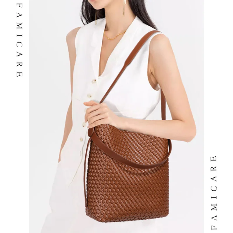 sac seau tissé pour femmes, sac à bandoulière tendance en cuir pu vegan, sac à main minimaliste en tricot pour les déplacements