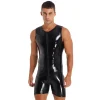 S-7XL hommes brillant en cuir PU fermeture éclair bidirectionnelle entrejambe ouvert body sans manches Look mouillé PVC mince barboteuses Sexy serré Cosplay Palysuits S-7XL hommes brillant en cuir PU fermeture éclair bidirectionnelle entrejambe ouvert body sans manches Look mouillé PVC mince barboteuses Sexy serré Cosplay Palysuits