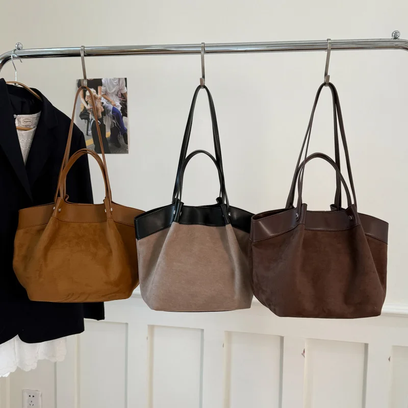 sac à main élégant en daim givré, fourre tout de grande capacité, mode européenne américaine automne/hiver, sac à bandoulière simple décontracté