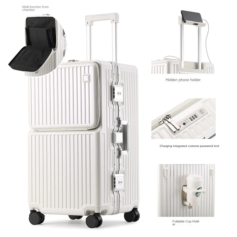 valise de voyage à roulettes avec porte gobelet, cadre en aluminium, grande capacité, 26 ", 28/32"
