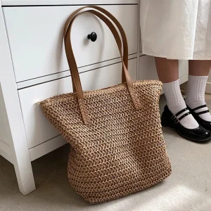 Sac à main à bandoulière tissé à la main pour femmes, mode bohème, fourre-tout de plage en paille, sac de voyage, sacs de Shopping tissés Sac à main à bandoulière tissé à la main pour femmes, mode bohème, fourre-tout de plage en paille, sac de voyage, sacs de Shopping tissés