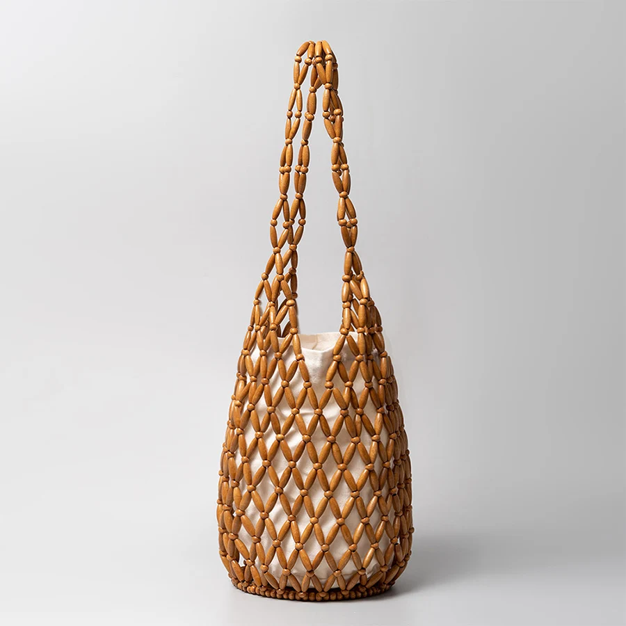Sac à main tissé pour femmes, design d’été, fourre-tout en perles de bois ajourées, sac à bandoulière seau, sac à main de plage en toile filet réticulé Sac à main tissé pour femmes, design d’été, fourre-tout en perles de bois ajourées, sac à bandoulière seau, sac à main de plage en toile filet réticulé