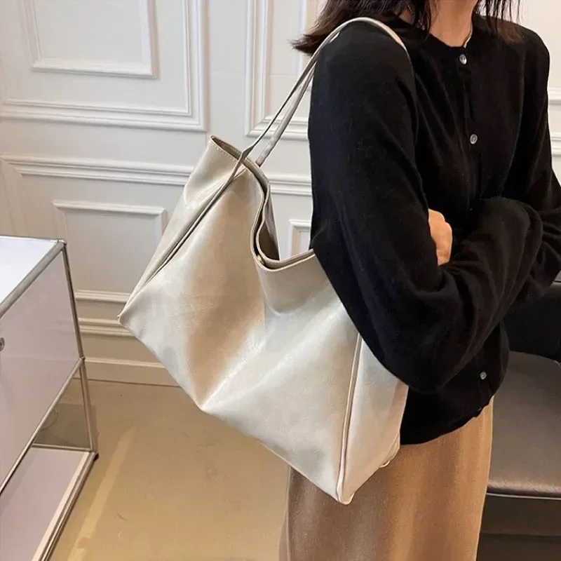 sac fourre tout en cuir pu souple pour femmes, pochette sous les bras de grande capacité, sac à bandoulière rétro décontracté, sacs seau portables