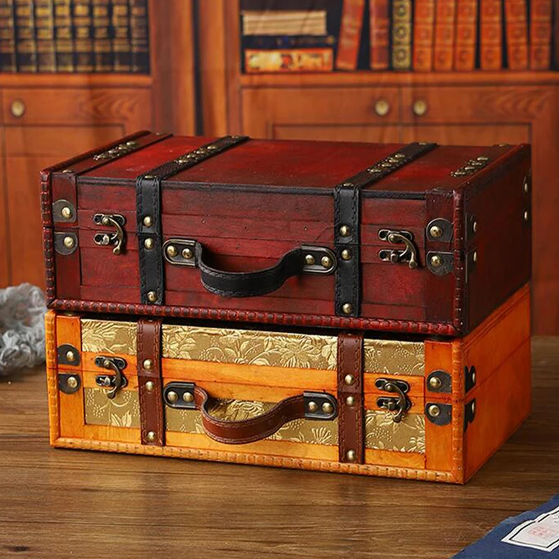 Valise Vintage légère, boîte de rangement en bois avec poignée, coffre à bijoux au trésor de Style européen, mallette de rangement pour voyage à domicile Valise Vintage légère, boîte de rangement en bois avec poignée, coffre à bijoux au trésor de Style européen, mallette de rangement pour voyage à domicile