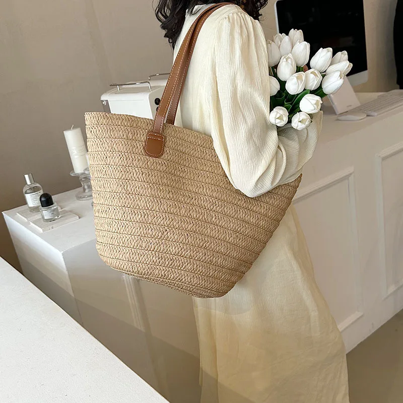 sac à bandoulière de grande capacité pour femmes, panier tissé en paille d'été, sac à main de luxe de styliste, sac de plage, fourre tout de shopping bali