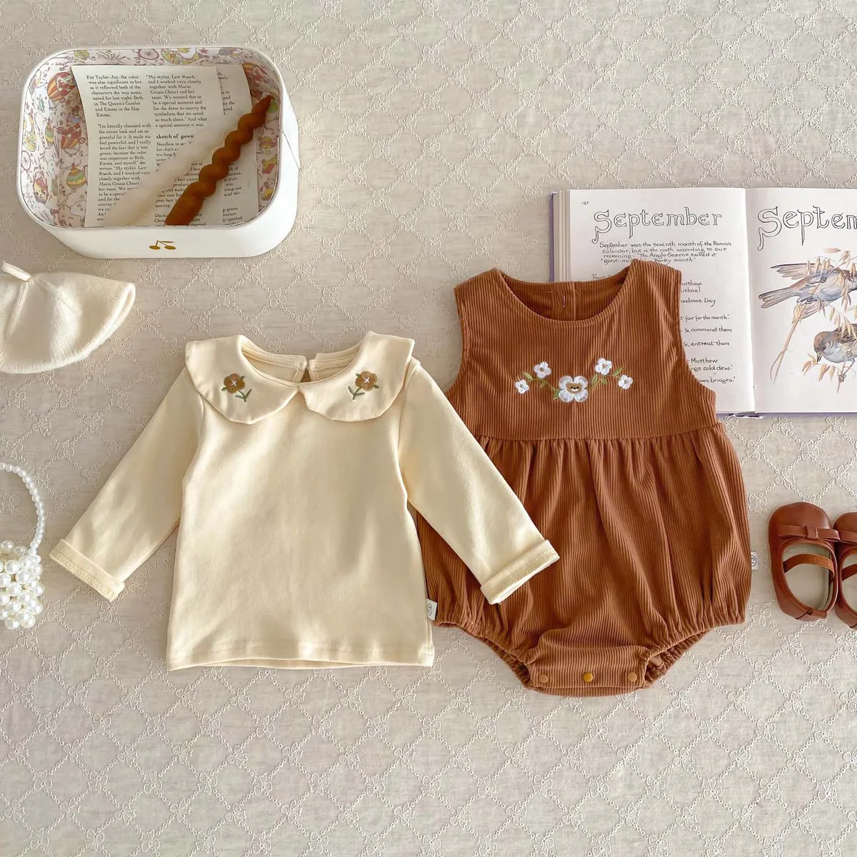 costume pour bébé, barboteuse sans manches + chemise à manches longues, body en velours côtelé brodé en cœur pour bébé fille de 1 à 3 ans