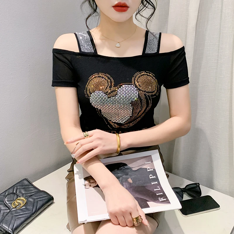 m 3xl taille été mode dessin animé design sexy épaules nues diamants brillants t shirt femmes chic dames t shirts hauts blouse