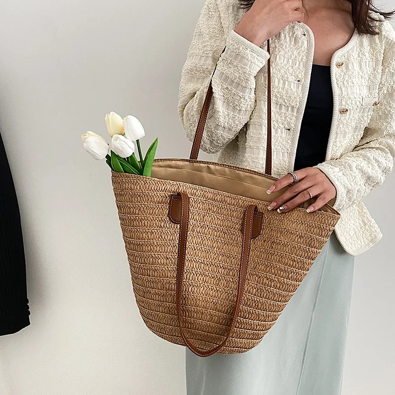 sac à bandoulière de grande capacité pour femmes, panier tissé en paille d'été, sac à main de luxe de styliste, sac de plage, fourre tout de shopping bali