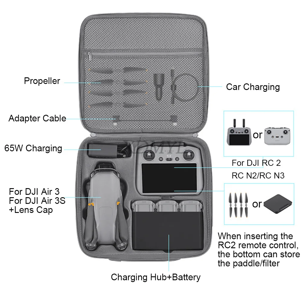 sac à bandoulière simple portable pour dji air 3/air 3s rc 2/rc n2/rc n3, sac à bandoulière à coque rigide, valise, accessoires de drone