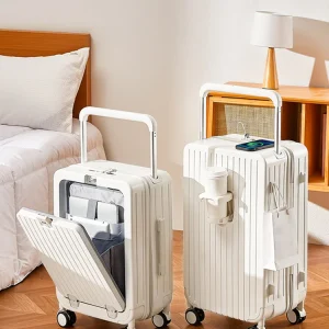 Valise de voyage multifonctionnelle avec porte-gobelet, chariot à couverture ouverte avant, boîte d’embarquement, bagages à roulettes, 20 po, 22 po, 24 po, 26 po