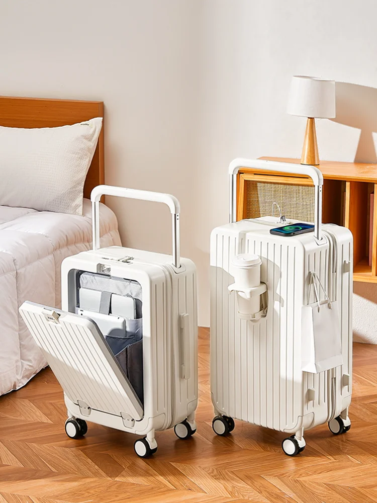 Valise de voyage multifonctionnelle avec porte-gobelet, chariot à couverture ouverte avant, boîte d’embarquement, bagages à roulettes, 20 po, 22 po, 24 po, 26 po Valise de voyage multifonctionnelle avec porte-gobelet, chariot à couverture ouverte avant, boîte d’embarquement, bagages à roulettes, 20 po, 22 po, 24 po, 26 po