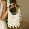 sac à main en coquillage fait à la main, sac seau tissé avec poignée en bois, pompon brodé hobo, pochette de soirée à bandoulière
