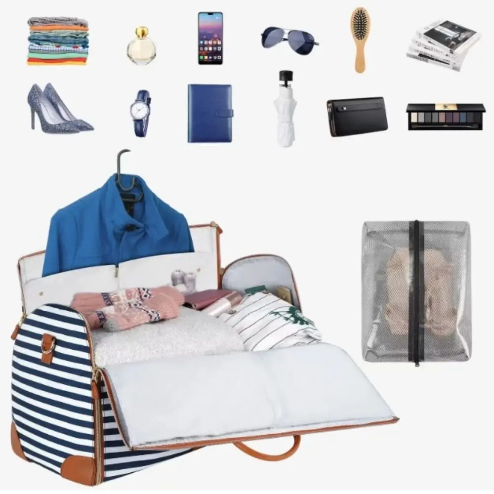 sac de voyage rayé à bandoulière de grande capacité, sac de sport pliable convertible en matériau pu, sac de costume pliable extensible de voyage