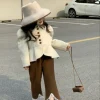 costume d'hiver pour enfants, version coréenne de la fille, petit parfum, mode revers, manteau court en laine, pantalon en dentelle, 2023