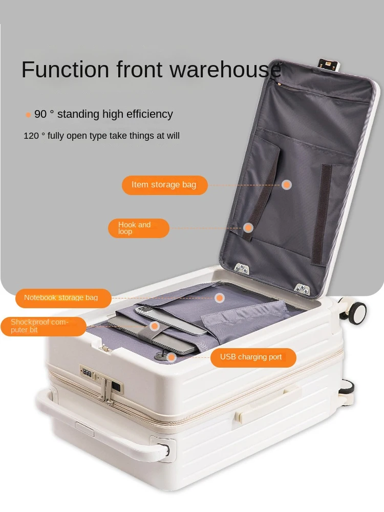 valise de voyage multifonctionnelle avec porte gobelet, chariot à couverture ouverte avant, boîte d'embarquement, bagages à roulettes, 20 po, 22 po, 24 po, 26 po