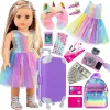 Vêtements et accessoires de poupée de 18 pouces, valise de voyage, ensemble comprenant oreiller, sac licorne, appareil photo, ordinateur, téléphone, passeport pour enfants Gi