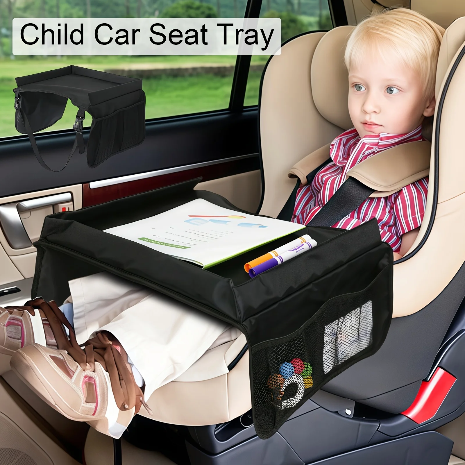 plateau de voyage pliable et extensible pour siège de voiture, avec plusieurs poches de rangement, design léger et mural pour avion et voiture