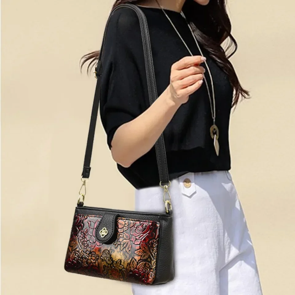 sac à main en cuir de haute qualité, sac à bandoulière de luxe de styliste rétro style ethnique à motifs floraux, poche croisée diagonale à la mode