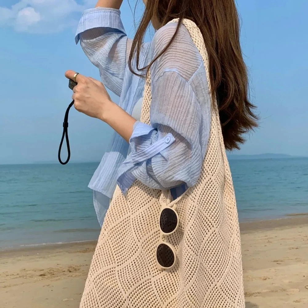 sac de plage fourre tout pour femmes, sac à main d'été décontracté en crochet, sac à bandoulière en tricot creux, sac de shopping