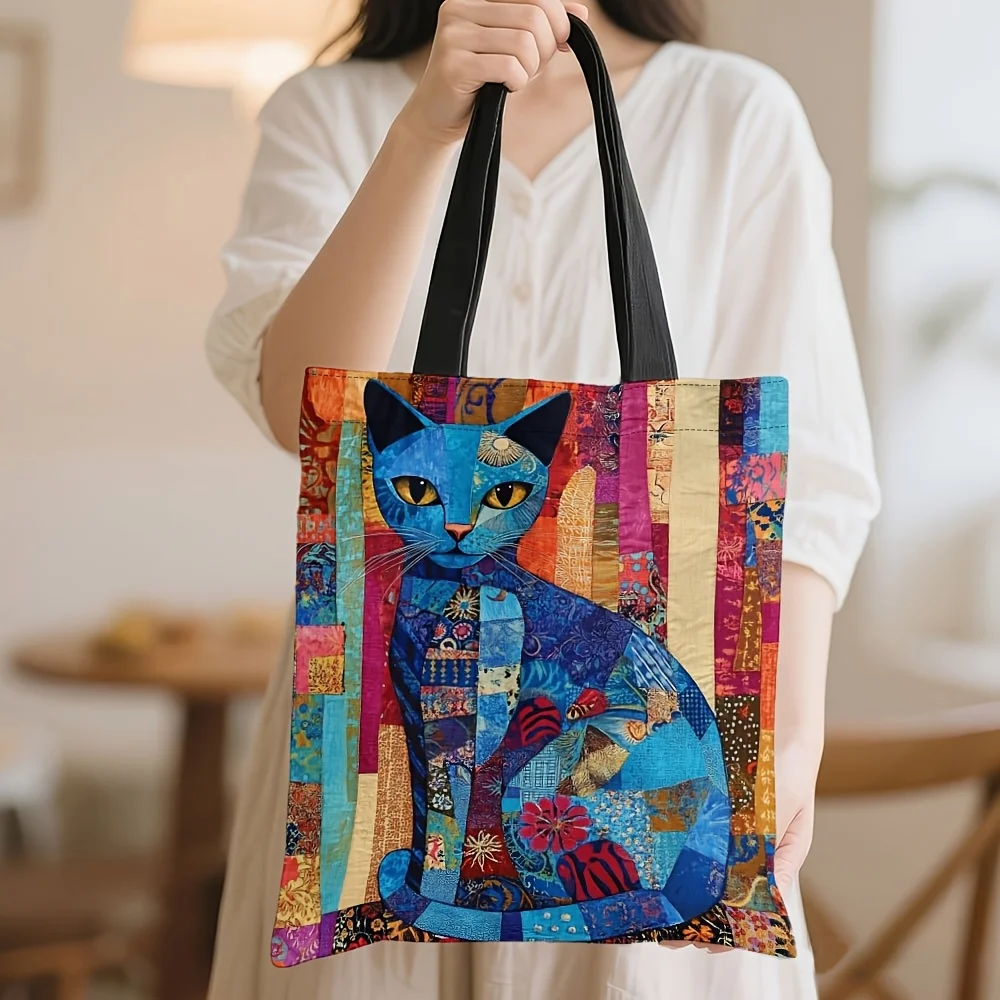 sac fourre tout chic bohème multicolore ethnique chat, grande capacité, style vintage, sac de shopping à bandoulière pour événements de vacances, sac à main cadeaux