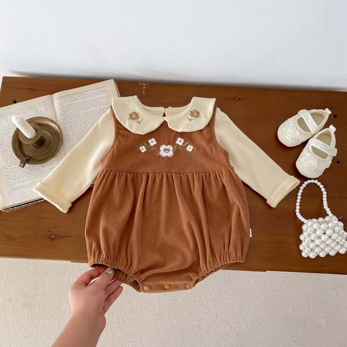 costume pour bébé, barboteuse sans manches + chemise à manches longues, body en velours côtelé brodé en cœur pour bébé fille de 1 à 3 ans