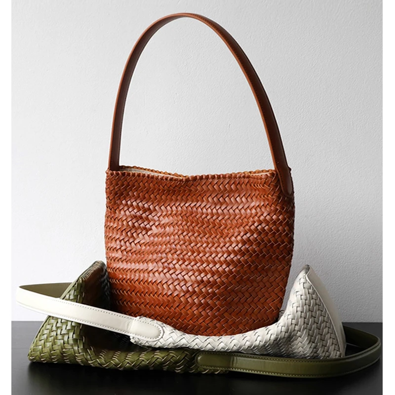 sac à main de luxe pour femmes, nouveau sac haut de gamme en cuir véritable tissé à la main, fourre tout à bandoulière de grande capacité, sac sous les bras, sac seau
