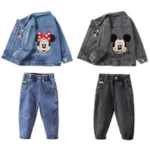 Ensembles de vêtements pour enfants printemps automne bébé garçons filles Mickey Mouse Minnie coton Denim veste manteau + jean pantalon 2pce costume décontracté Ensembles de vêtements pour enfants printemps automne bébé garçons filles Mickey Mouse Minnie coton Denim veste manteau + jean pantalon 2pce costume décontracté