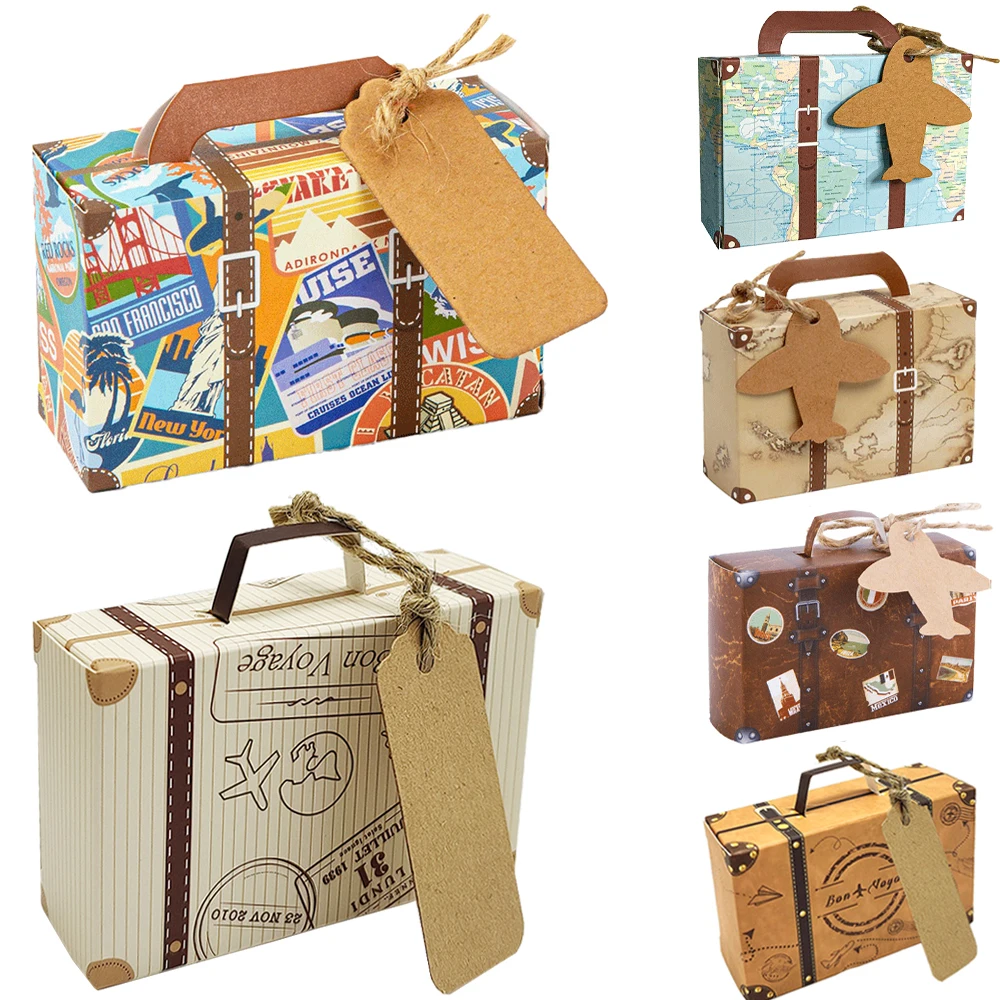 mini valise vintage, coffrets cadeaux de fête, cadeaux de mariage, thème de voyage, décoration de fête d'anniversaire, fournitures de réception nuptiale