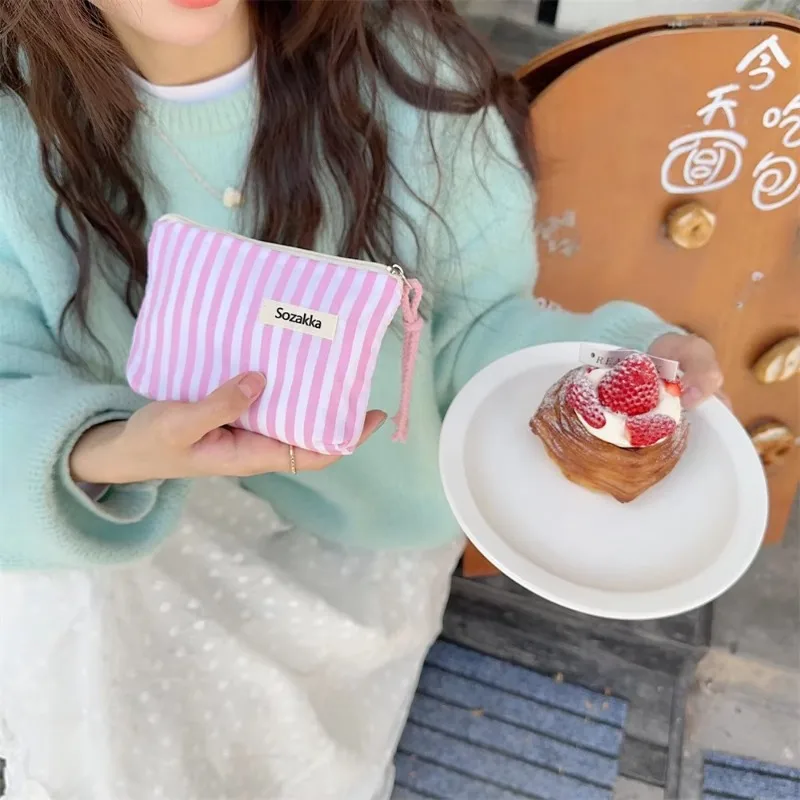 porte monnaie mignon pour enfants, petit sac de maquillage cosmétique, mini sacs de rangement en toile rayés, étui de maquillage pour rouge à lèvres pour femmes