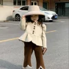 costume d'hiver pour enfants, version coréenne de la fille, petit parfum, mode revers, manteau court en laine, pantalon en dentelle, 2023