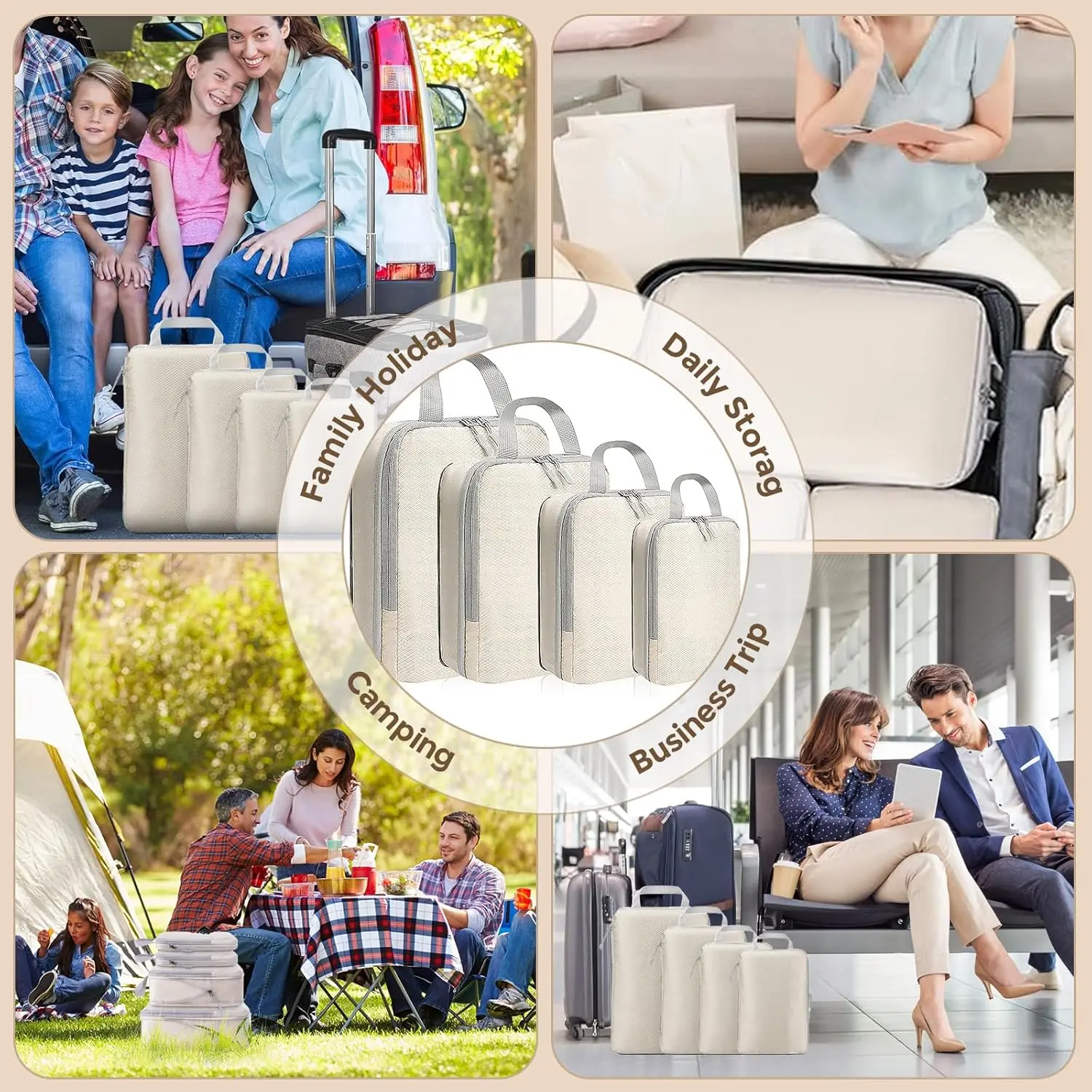 4 ensembles de cubes d'emballage à compression extensibles pour valise, ensemble de sacs de rangement de bagages peu encombrants, essentiels de voyage légers