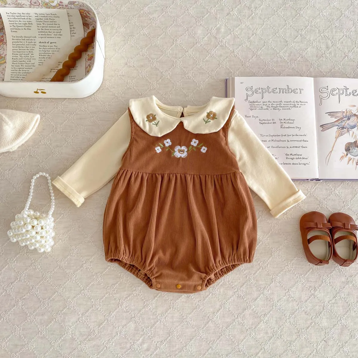 costume pour bébé, barboteuse sans manches + chemise à manches longues, body en velours côtelé brodé en cœur pour bébé fille de 1 à 3 ans